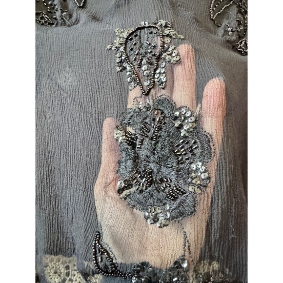 Vintage Whimsy Goth Sheer Beaded Sequin Blouse Black Embroidered V-Neck Top - Picture 9 of 9
